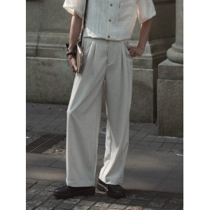 花纱双褶薄款亚麻混纺夏季老钱风直筒休闲裤西裤男