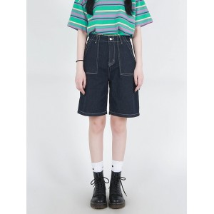 高腰宽松明线大口袋个性蓝黑色五分牛仔短裤女